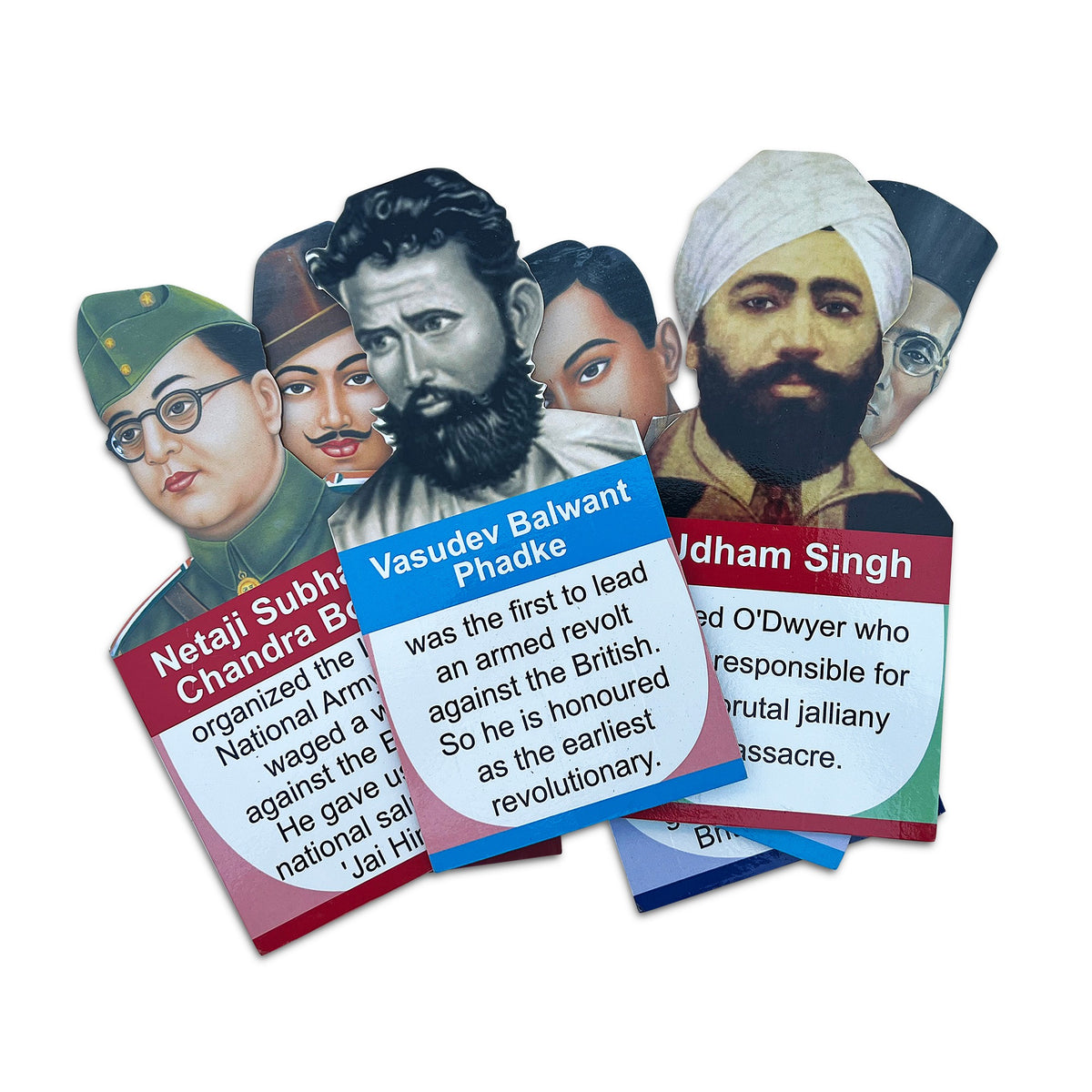 Leaders' cut-outs with English notes: Netaji Subhash Chandra Bose, Vasudev Balwant Phadke, Udham Singh