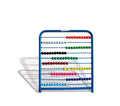 Upright counting frame with rows of coloured beads on wires in a blue frame