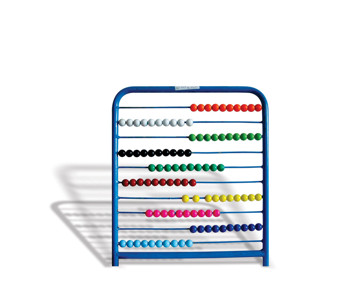 Upright counting frame with rows of coloured beads on wires in a blue frame