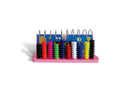 Abacus with colourful beads on many upright wire rods on a pink base