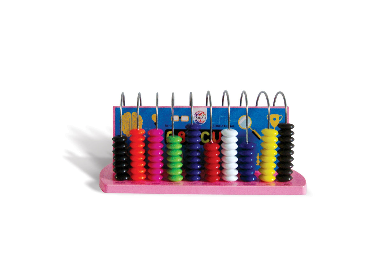 Abacus with colourful beads on many upright wire rods on a pink base