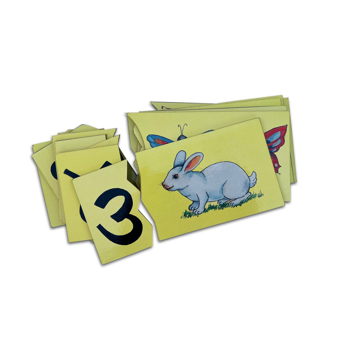 Marathi counting jigsaw tablets: ३ with its picture piece and a rabbit card