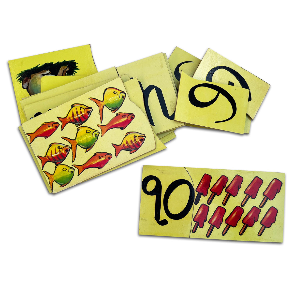 Gujarati counting jigsaw tablets with fish and ice lollies, ૧૦ joined to ten pictures