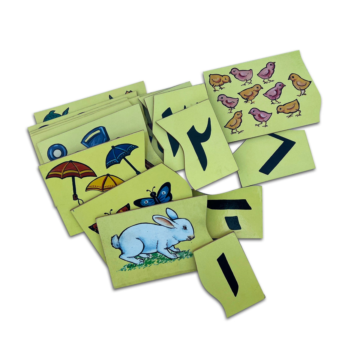 Urdu counting jigsaw tablets: Urdu numerals with umbrellas, chicks and a rabbit