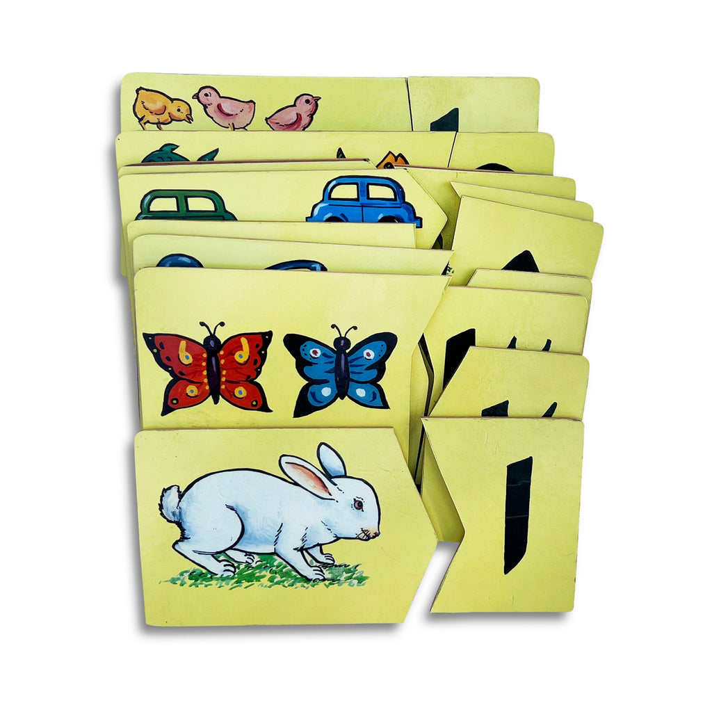 Counting jigsaw tablets: numerals joined to pictures of rabbits, butterflies, cars