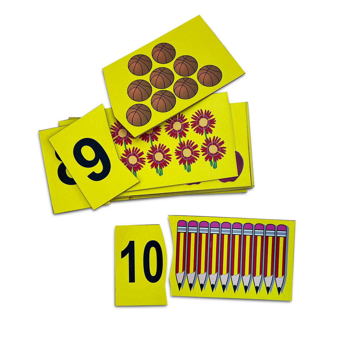 Counting jigsaw tablets 9 with basketballs, 10 with pencils, pieces apart
