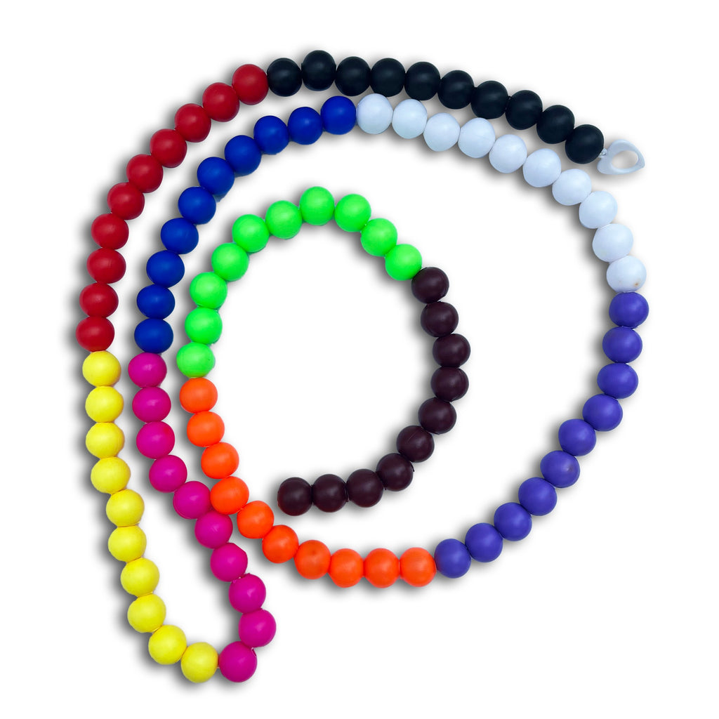 100 large round threading beads in 10 colours strung in long loops