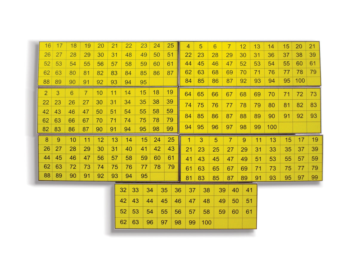 Yellow magic number cards printed with grids of numbers up to 100
