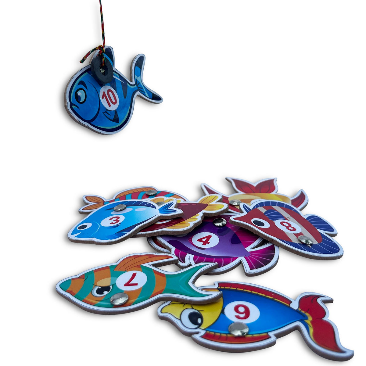 Wooden fish numbered 3, 4, 7, 9 with a hooked fish above