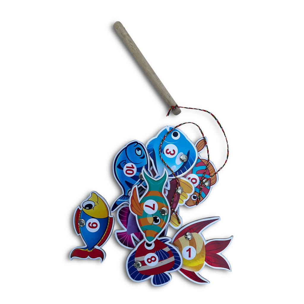 Fishing counting game with rod and pile of numbered fish