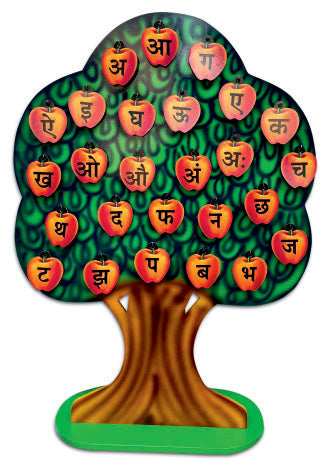 Classroom activity Tree with apples displaying Marathi Hindi vowels on a white background