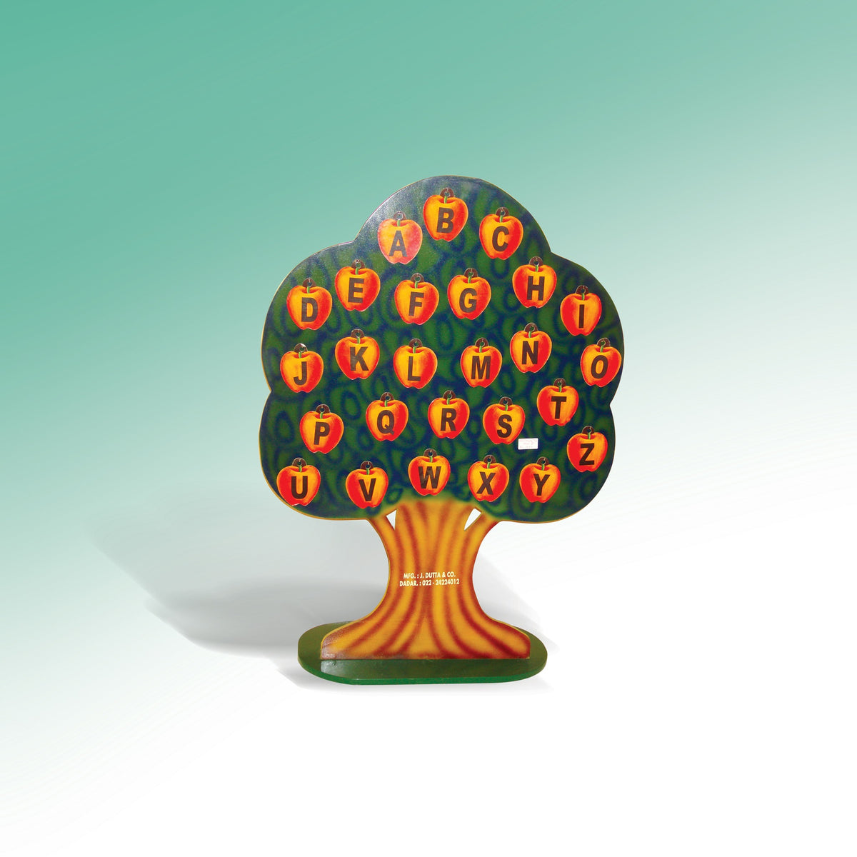 Standing apple tree with 26 red apples lettered A to Z