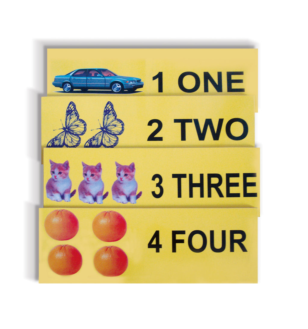 Three-way puzzles assembled: 1 ONE with car, 2 TWO butterflies, 3 THREE kittens, 4 FOUR oranges