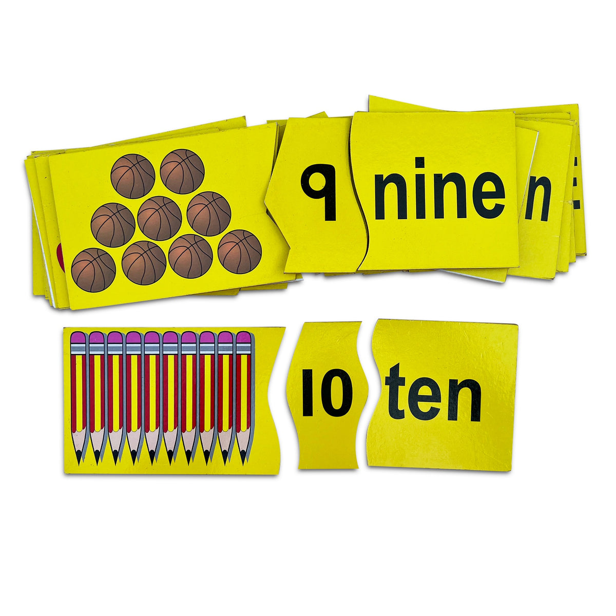 Three-way puzzle pieces for 9 nine with basketballs and 10 ten with pencils