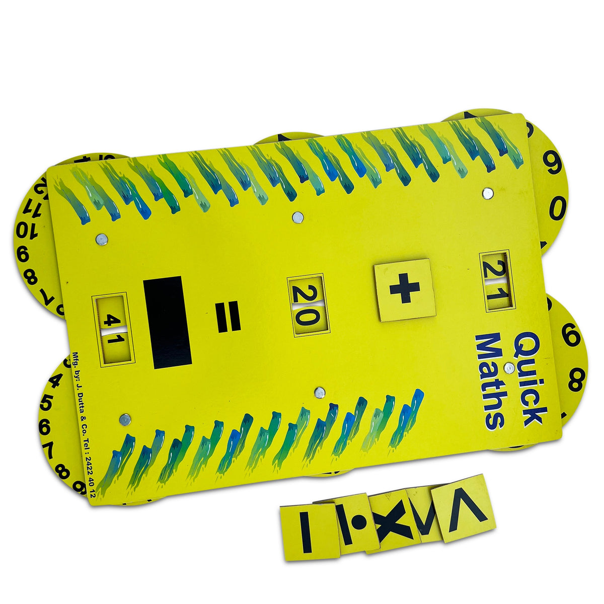 Yellow Quick Maths board with number wheels and plus sign