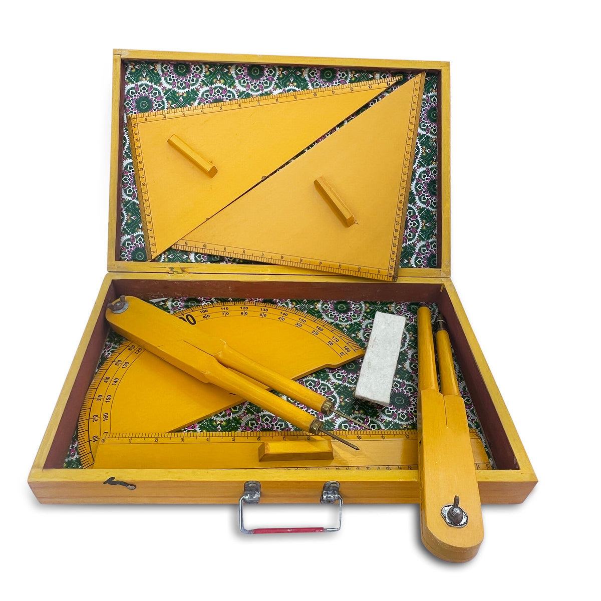 Wooden geometry box open, showing set squares, protractor, compass and ruler