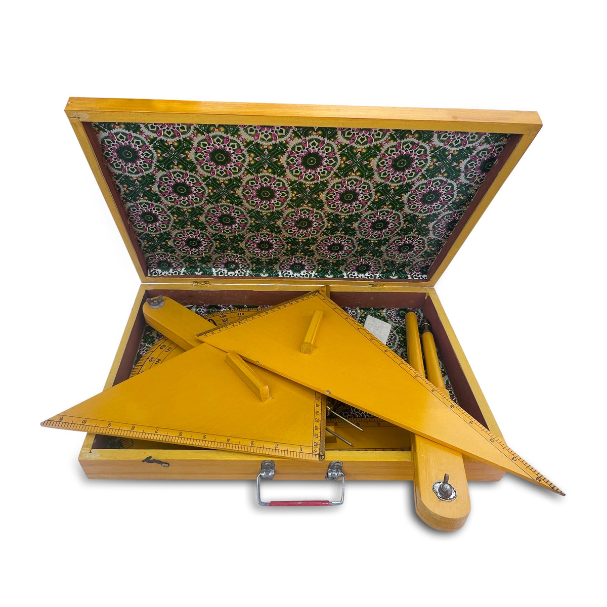 Teacher's geometry box with large yellow instruments inside