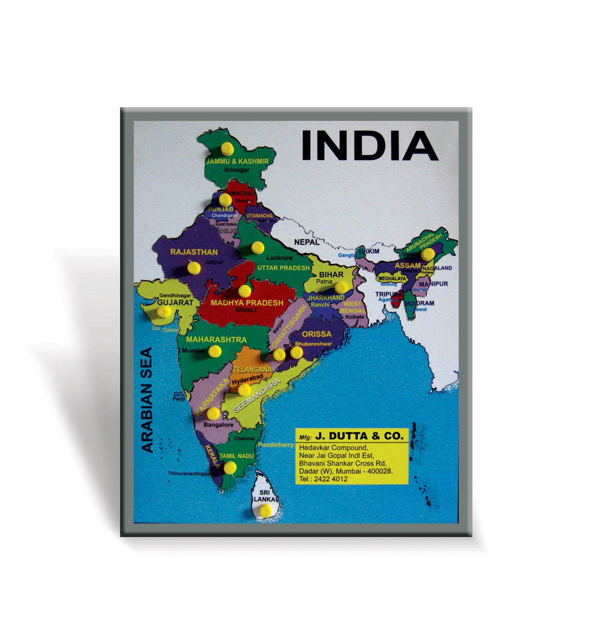 Map of India jigsaw puzzle in English with coloured states and yellow peg knobs