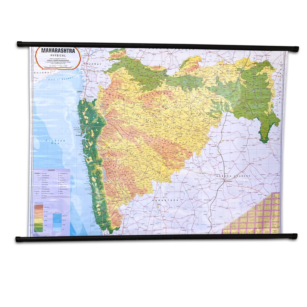 Maharashtra physical map in English on wooden rollers
