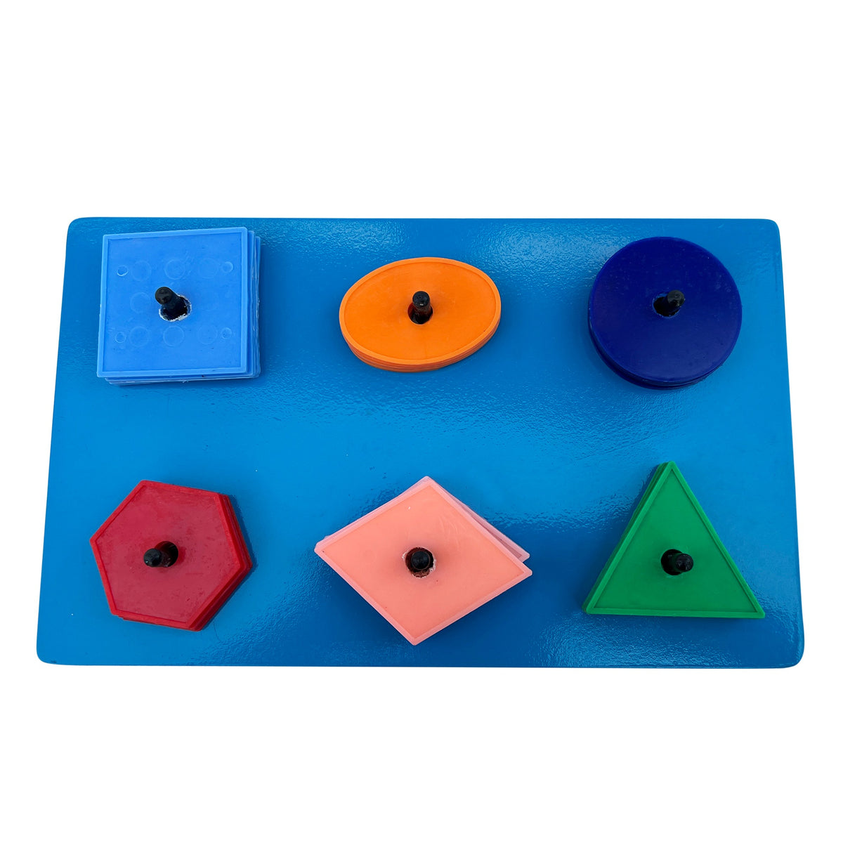 Blue sorting board with colourful shapes on pegs