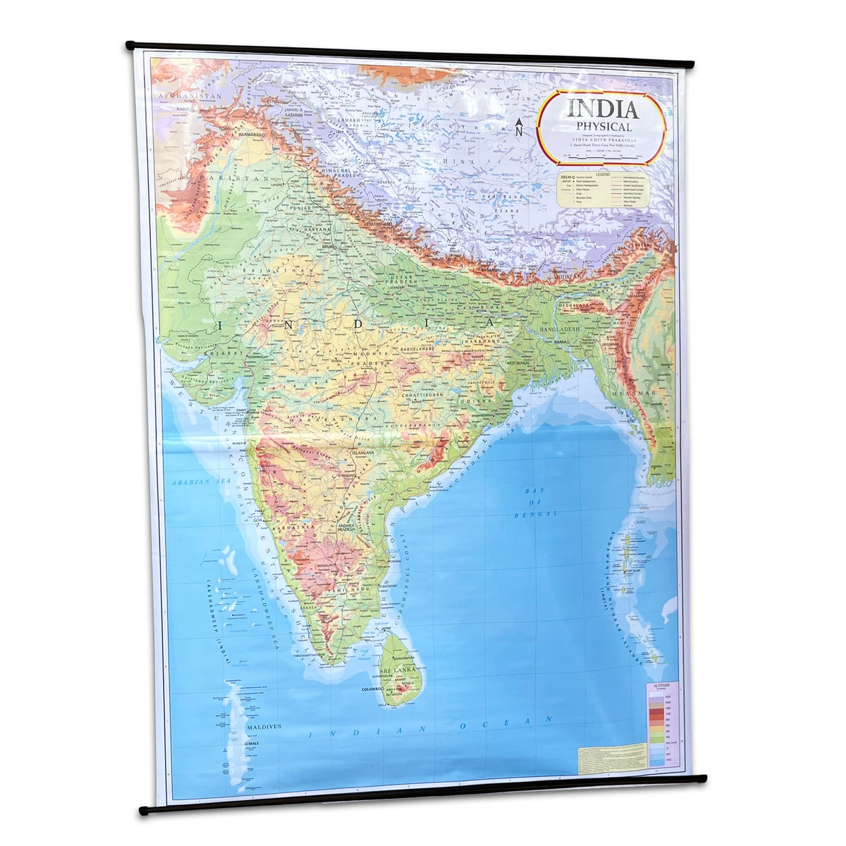 India physical map on wooden rollers