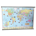 World political map with pictures of world landmarks on wooden rollers