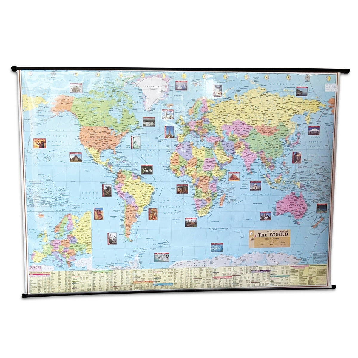 World political map with pictures of world landmarks on wooden rollers