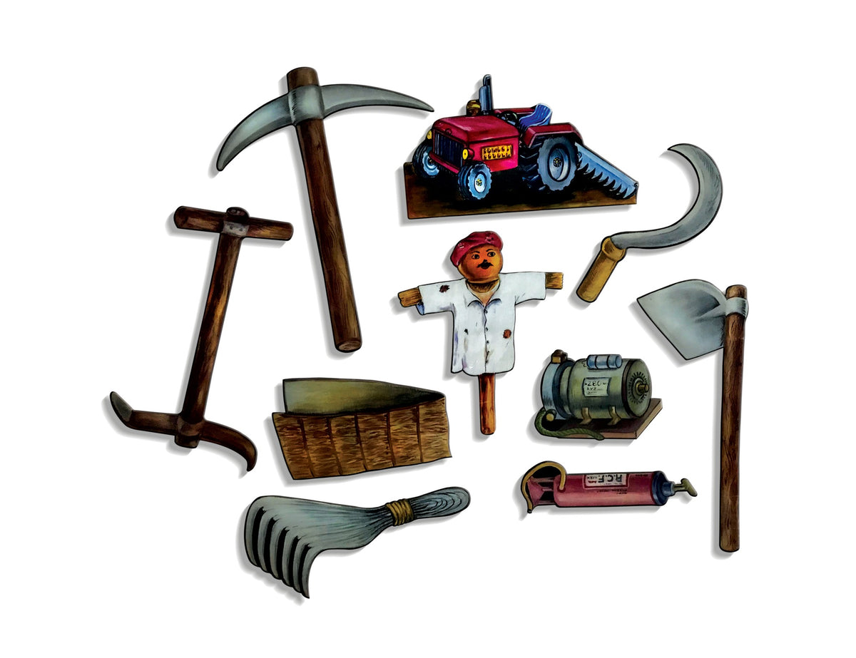 Farmer's appliances cut-outs: pickaxe, tractor, sickle, scarecrow, plough, rake and pump