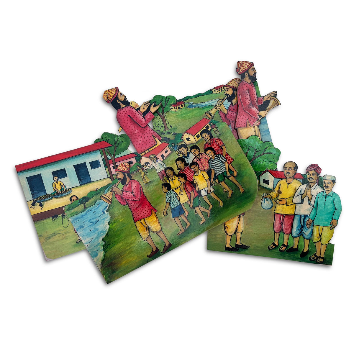The Piper story cut-outs: the piper, villagers, a school and the river