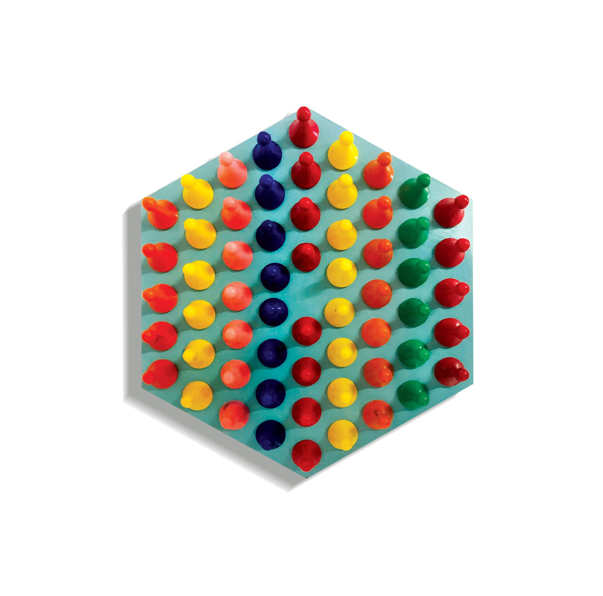 Hexagonal pegs mosaic board filled with red, yellow, blue and green pegs