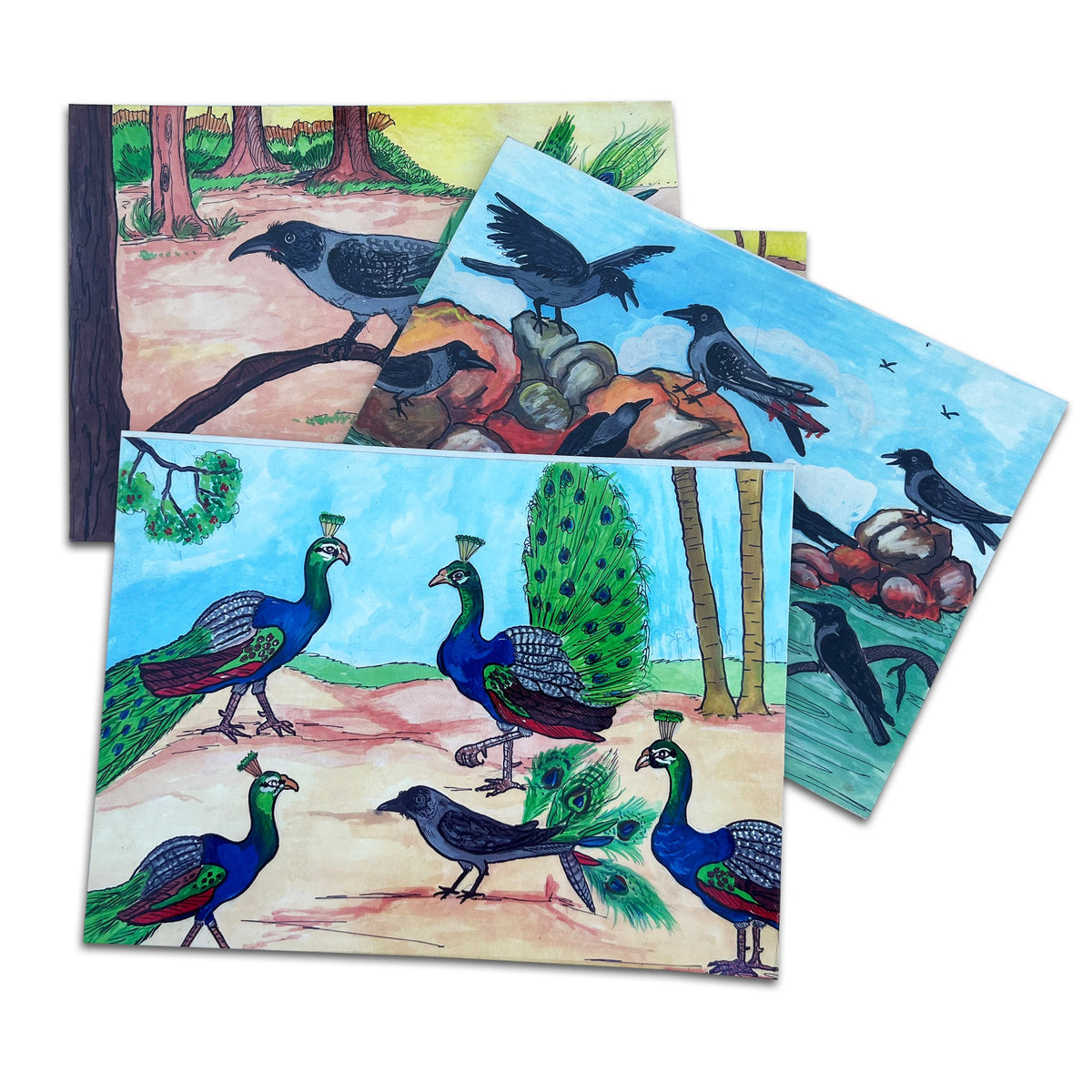 Crow and the Peacock story cut-outs: crows and peacocks in the forest