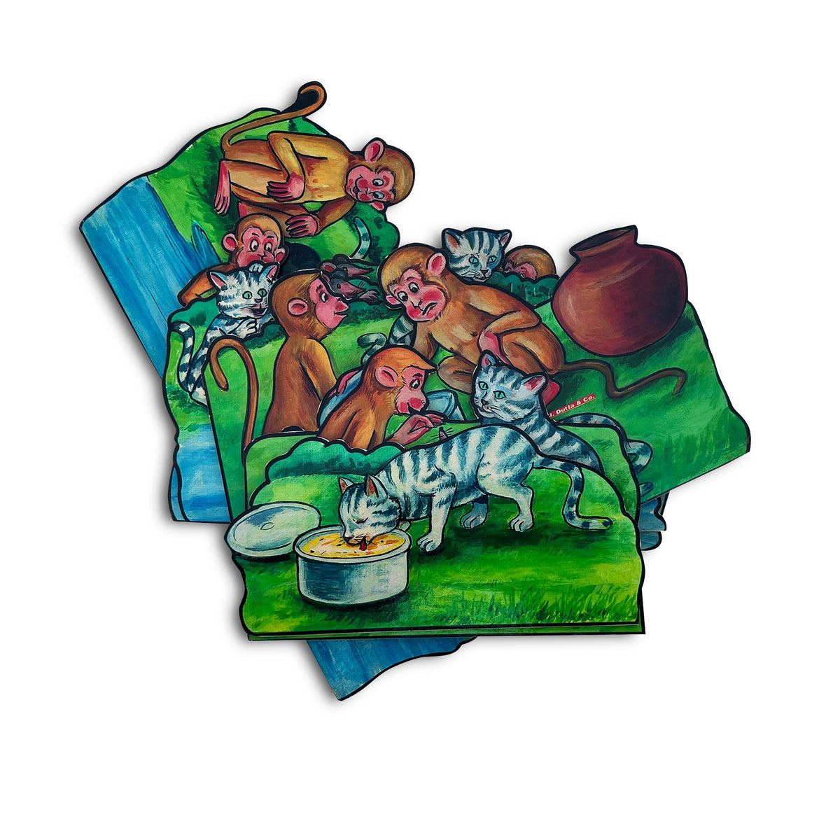 Bud Bud Ghagri story cut-outs: monkey, cats and pot of butter by the river