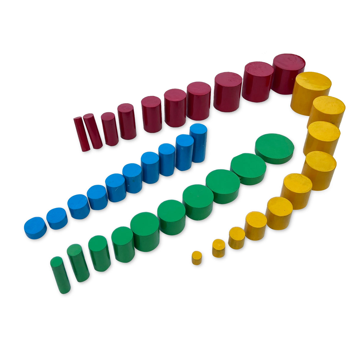 Knobless cylinders in red, blue, green and yellow laid out in rows by size