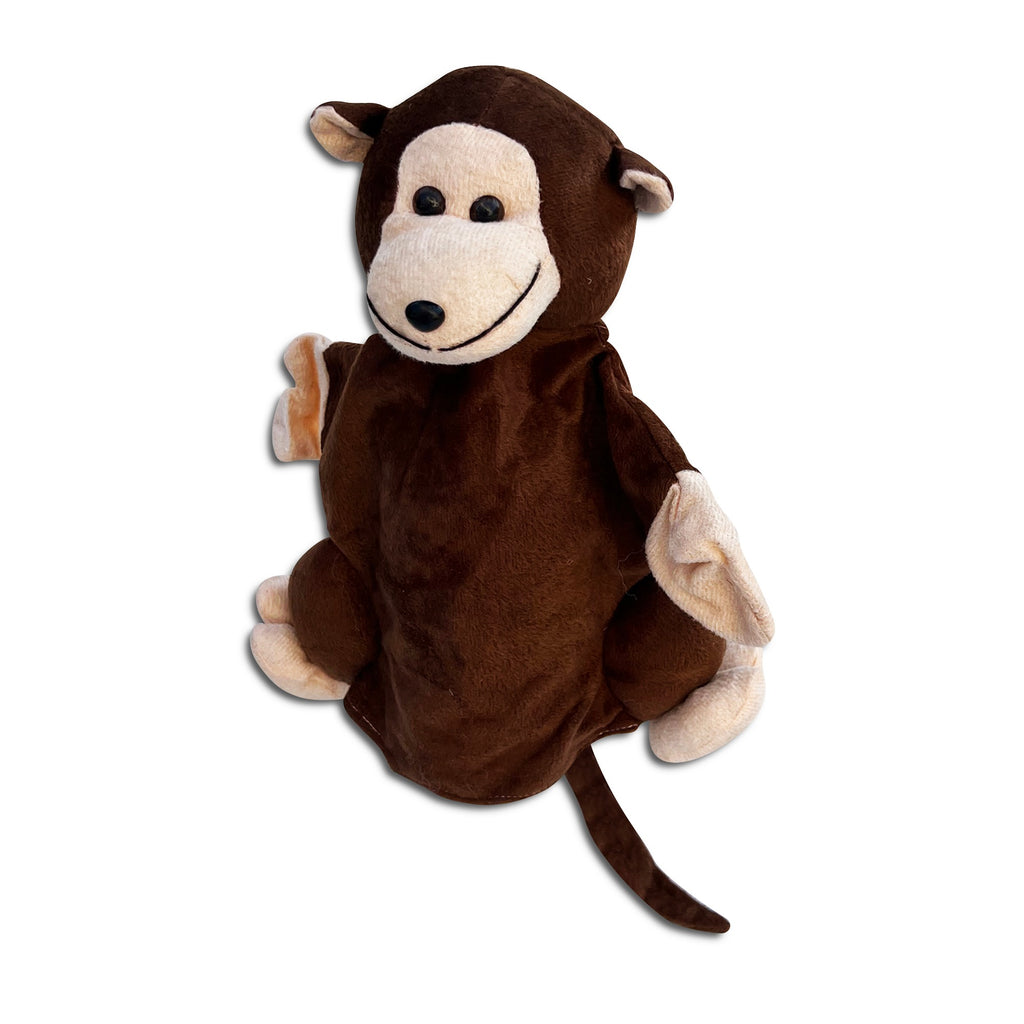 Monkey hand puppet with long tail, side view
