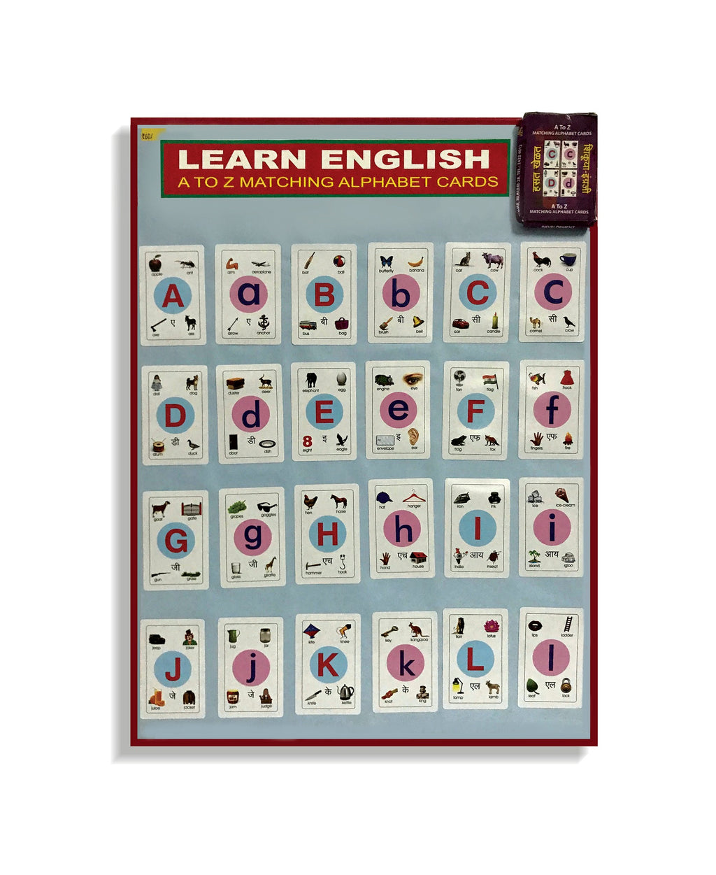 Learn English alphabet cards laid out A to L with capital and small letters and the box