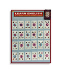 Learn English alphabet cards laid out A to L with capital and small letters and the box