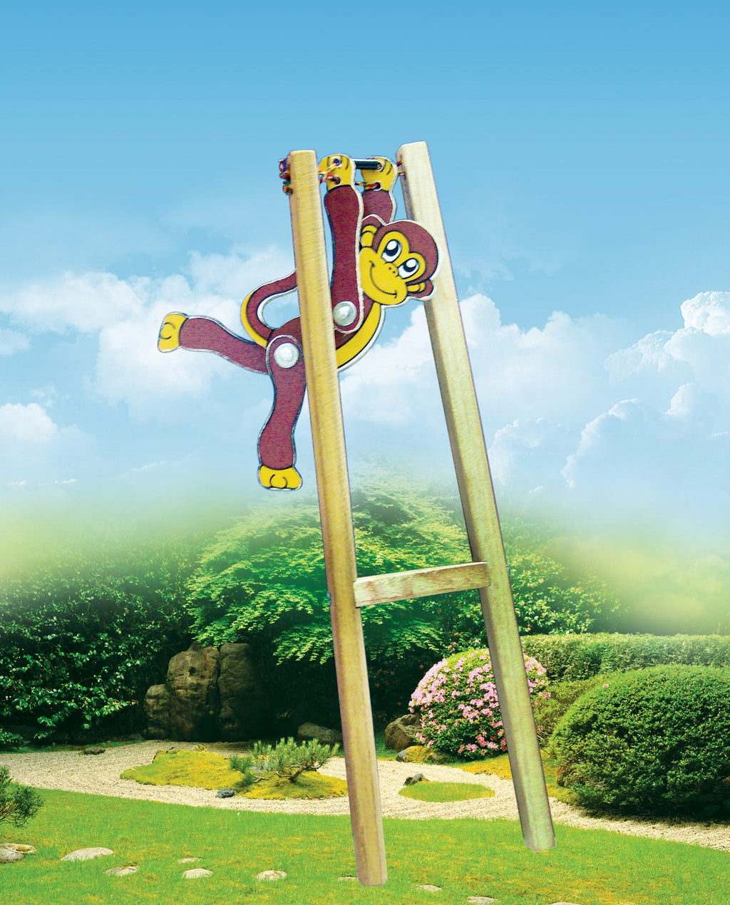 Jumping monkey toy on its wooden ladder in a garden