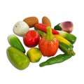 Wooden sculpted vegetables: capsicum, chillies, radish, brinjal, potato and more