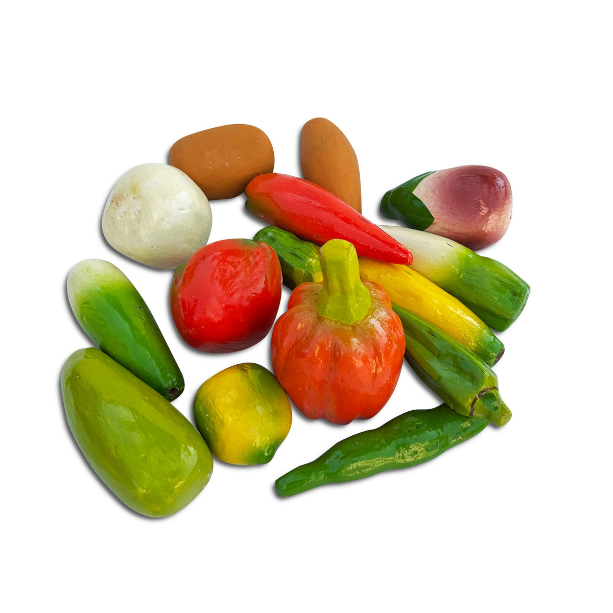 Pile of painted wooden vegetables, second view