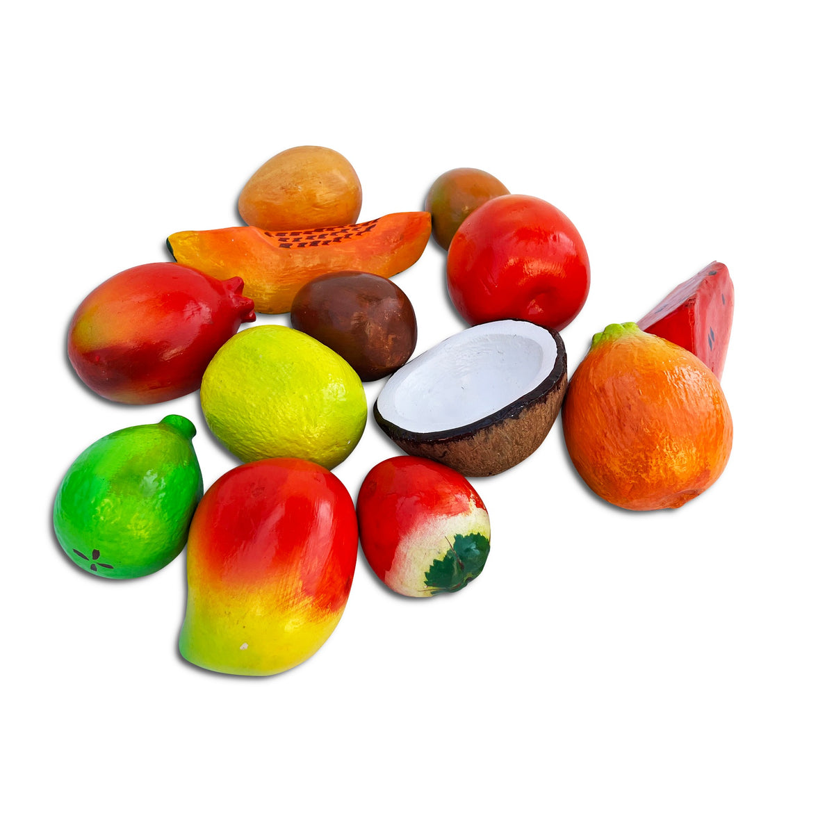 Painted wooden fruits: mangoes, apple, papaya, half coconut, watermelon slice and more