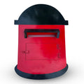 Small red pretend-play post box with black dome top and letter slot