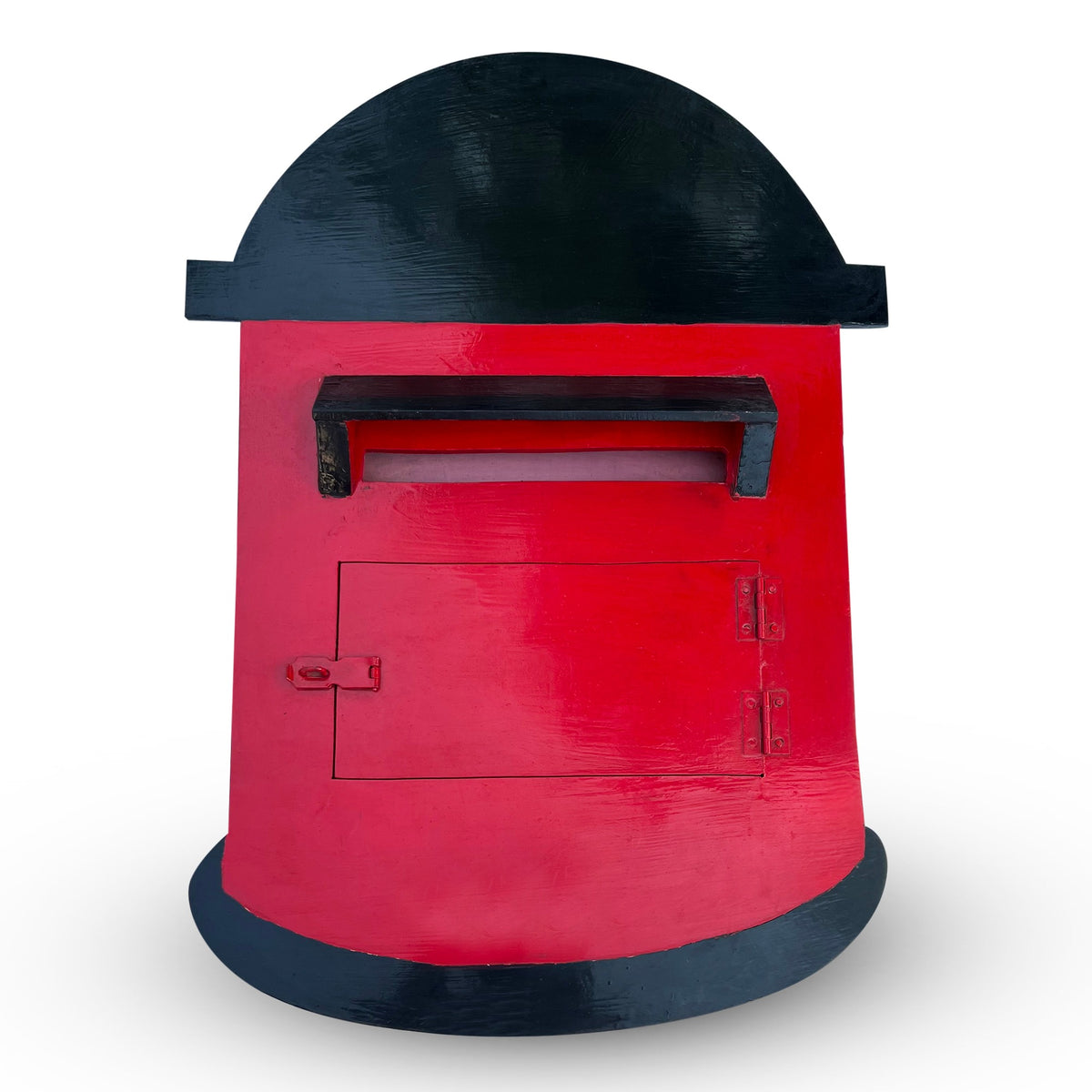 Small red pretend-play post box with black dome top and letter slot