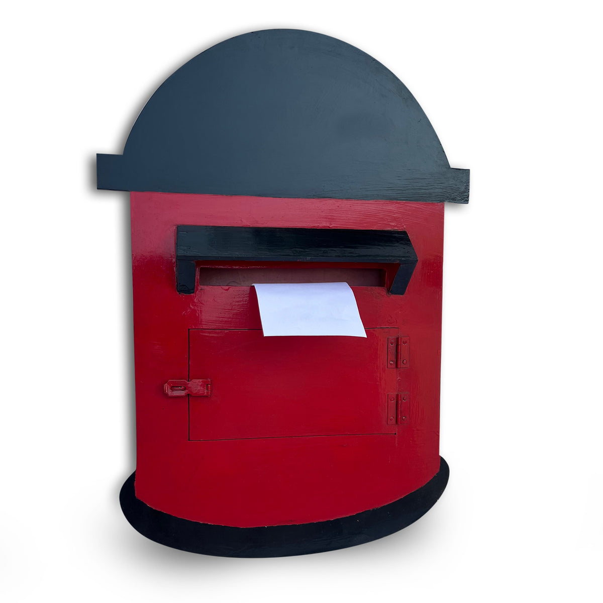 Big red pretend-play post box with a letter in the slot