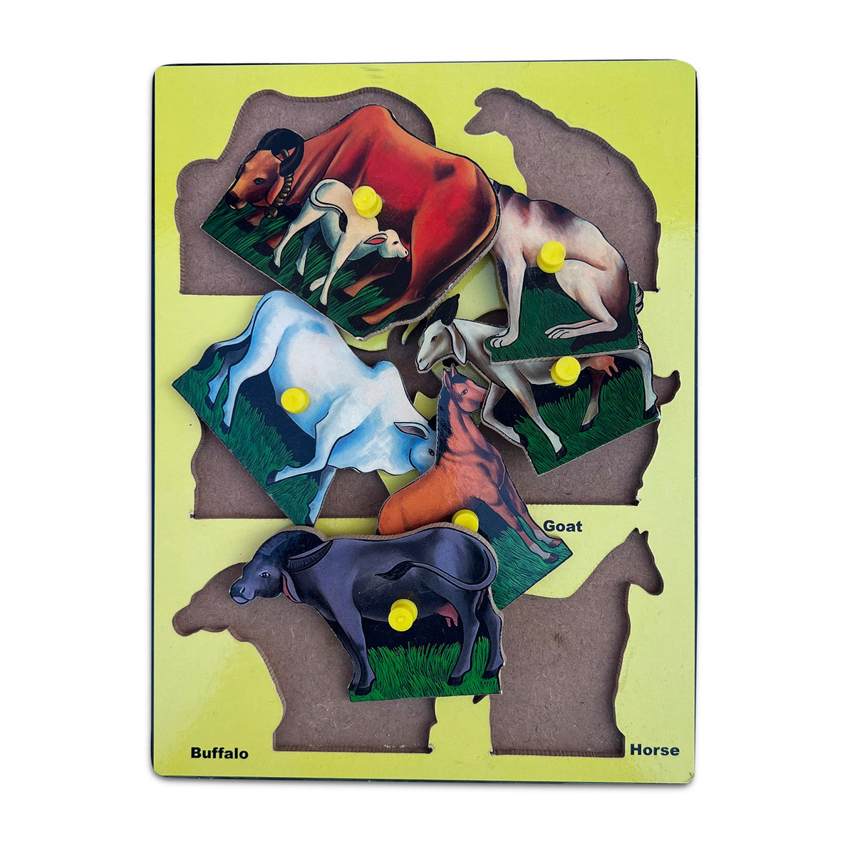 Domestic animals knob tray puzzle with cow, goat, buffalo and horse pieces