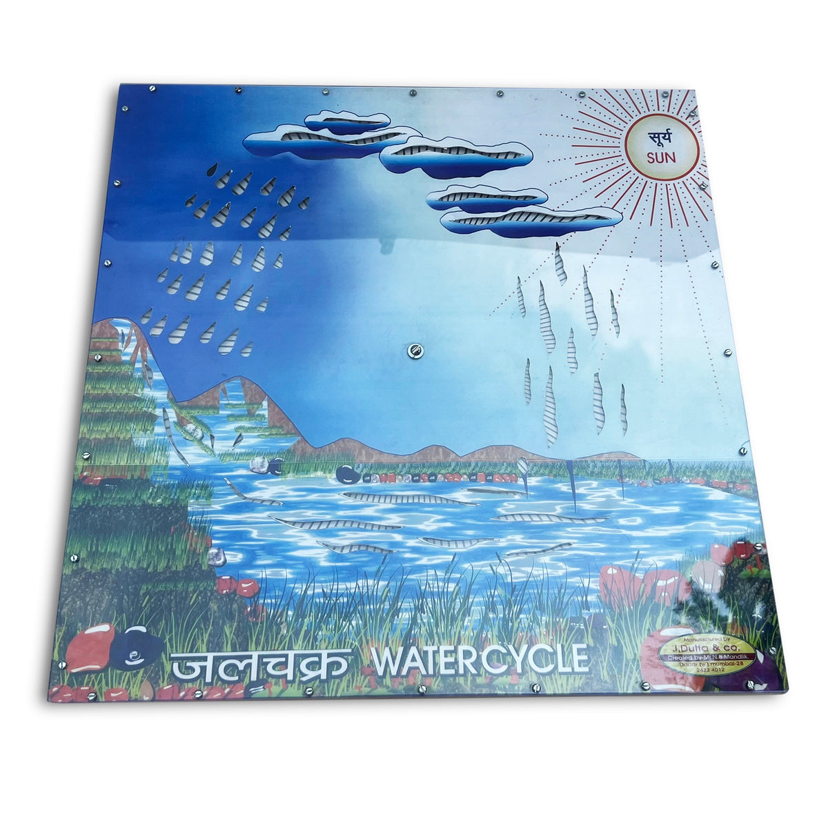 Water cycle board labelled जलचक्र WATERCYCLE with sun, clouds, rain and lake