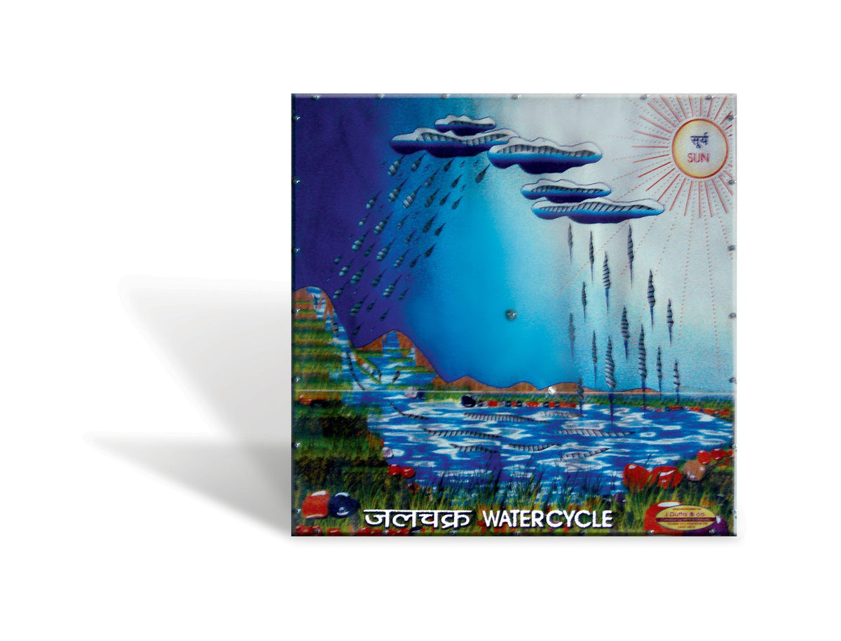 Water cycle board जलचक्र WATERCYCLE with clouds, rain, sun and sea