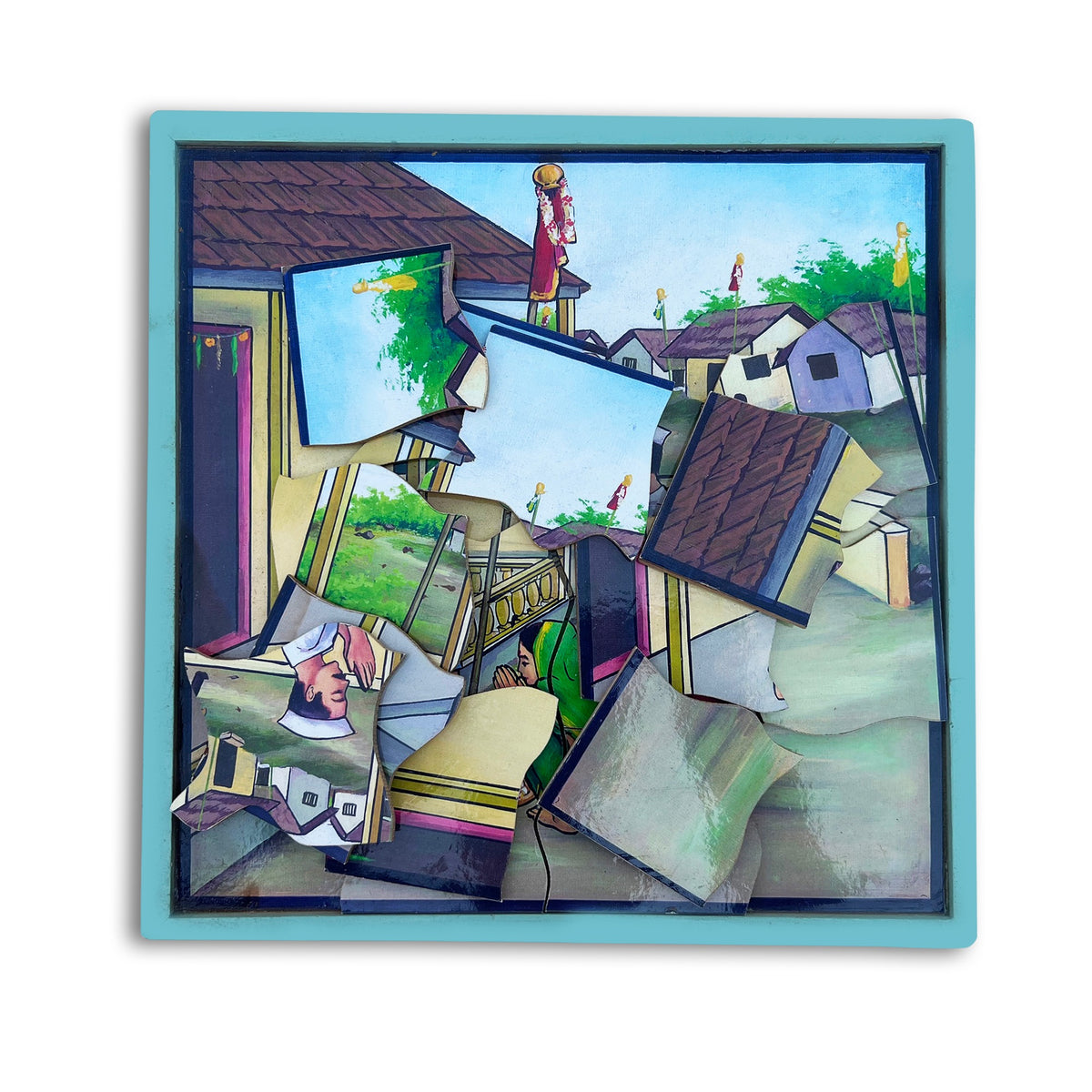 Gudi Padwa festival tray puzzle with gudi raised outside a home