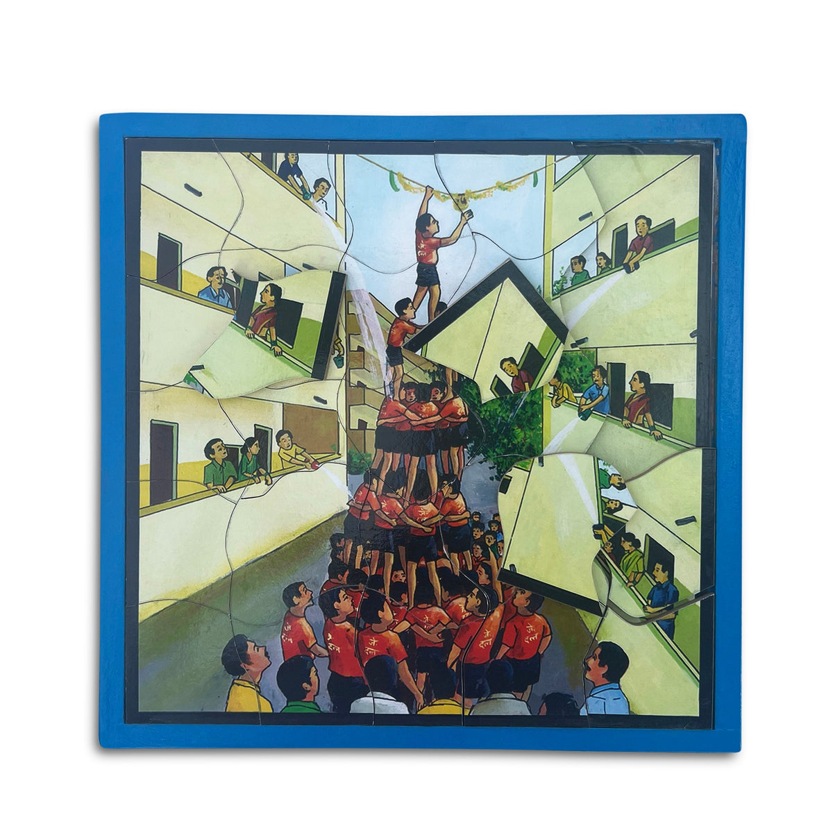 Dahi Handi festival tray puzzle with human pyramid reaching the pot