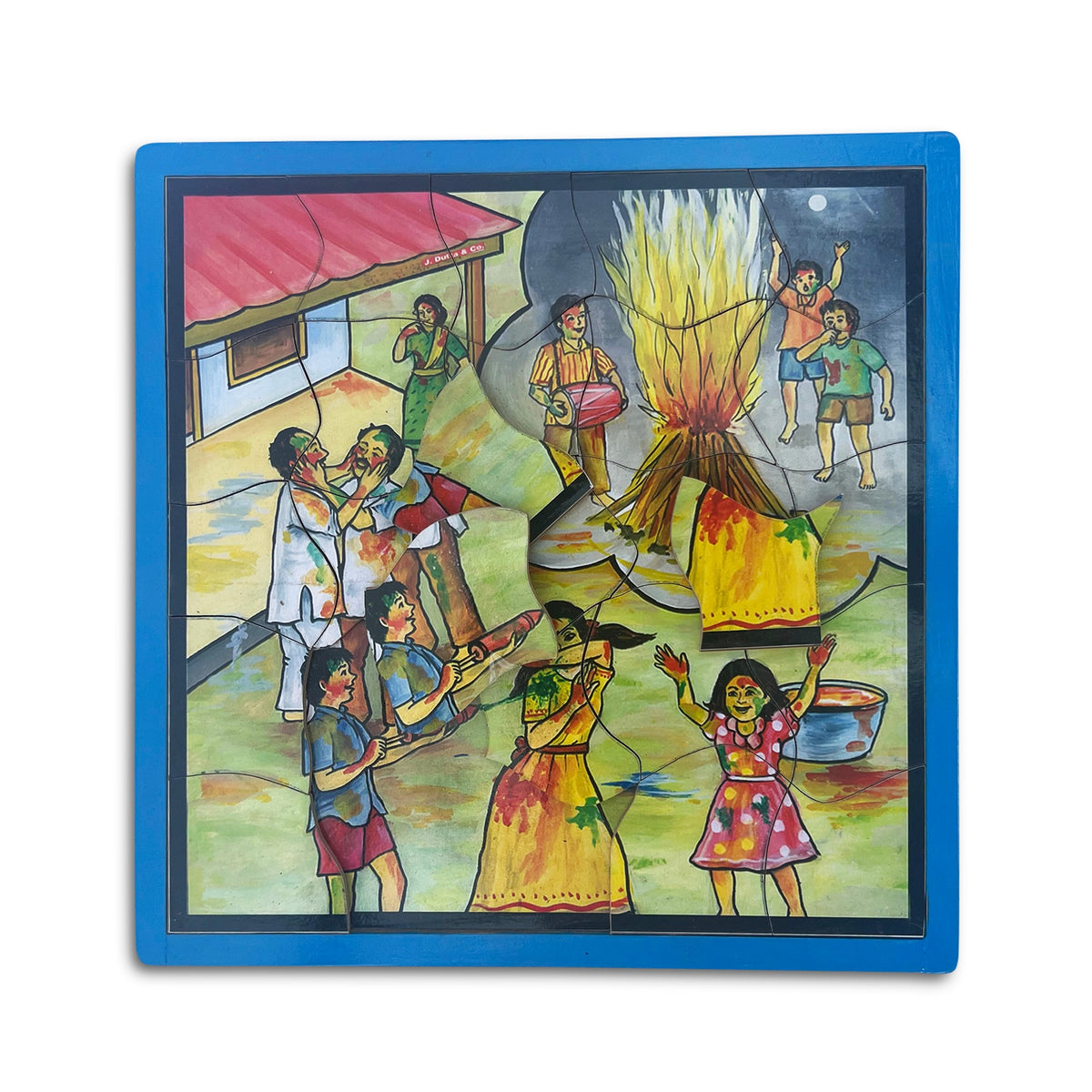 Holi festival tray puzzle with Holika bonfire and people playing with colours