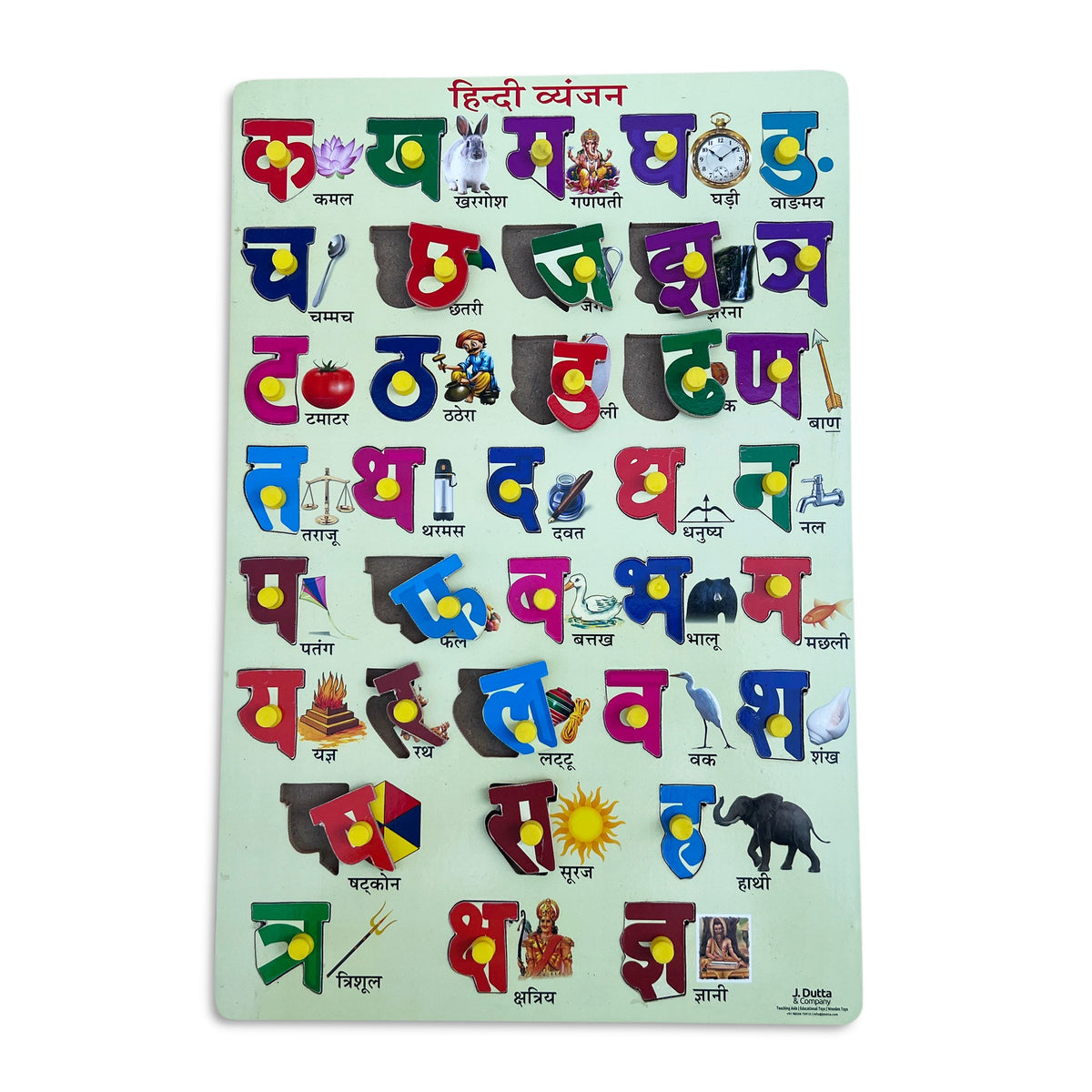 हिन्दी व्यंजन knob tray puzzle with pictures from क to ज्ञ